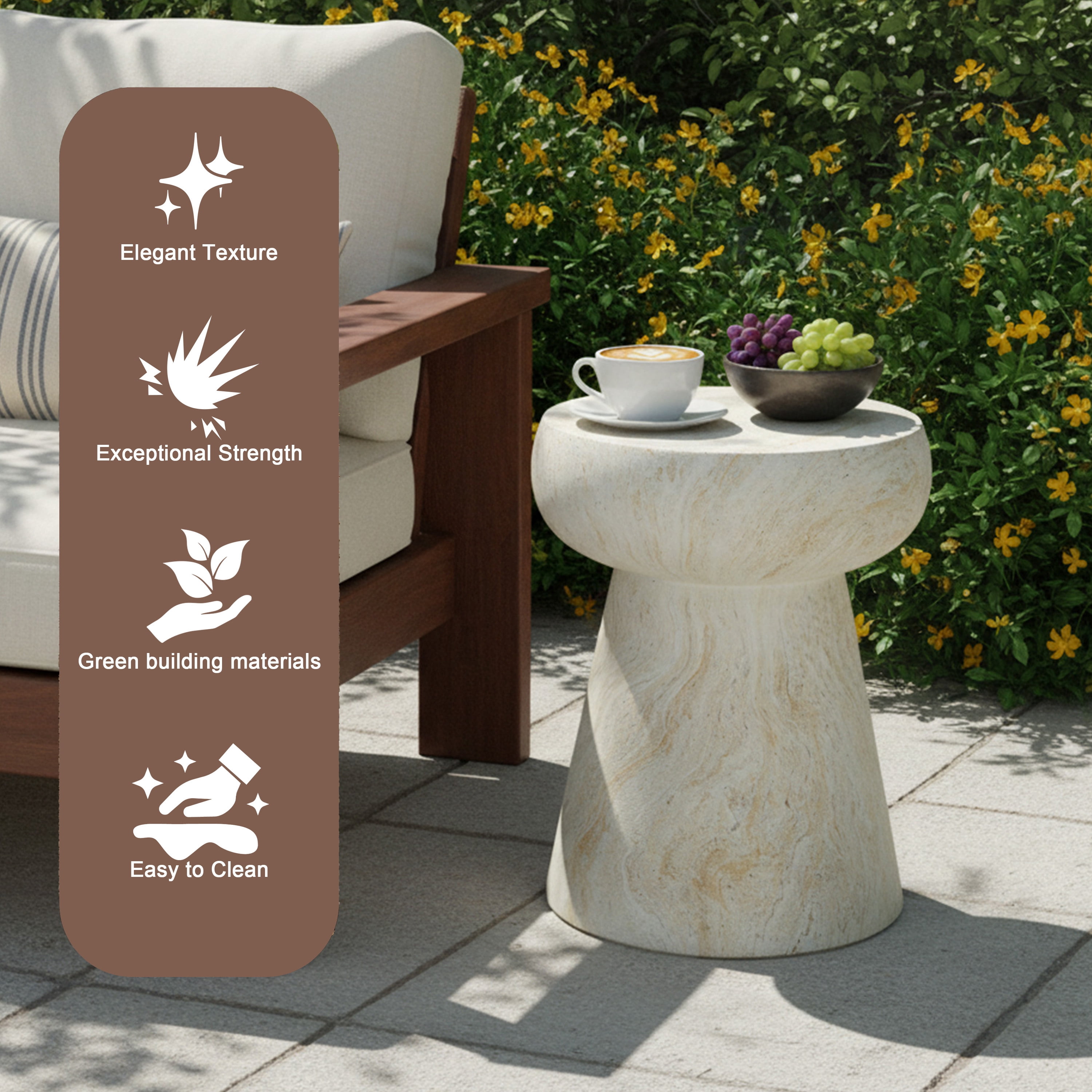 Mintazer 19.68" H Mushroom-Shaped Outdoor Side Table, Geometric Pedestal End Table with Travertine Texture, Modern Accent Table for Patio Living Room, Beige