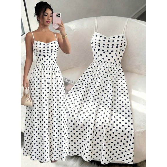 Black And White Womens Elegant Polka Dot Chiffon Spaghetti Strap Cinched Waist Maxi Dress For Wedding Guests