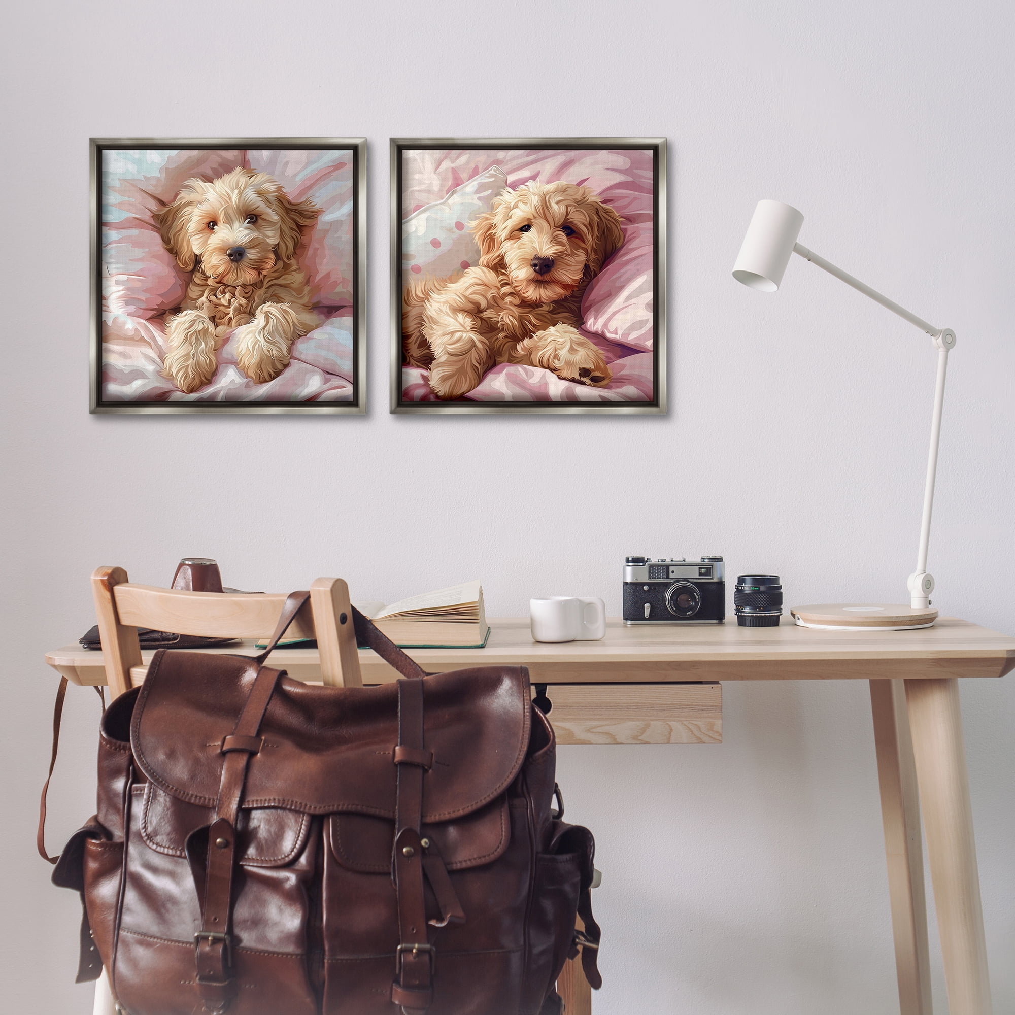 Stupell Industries Cuddling Labradoodle in Bed Animals Painting Gray Floater Framed Canvas Art Print Wall Art, 18 x 18, Set of 2