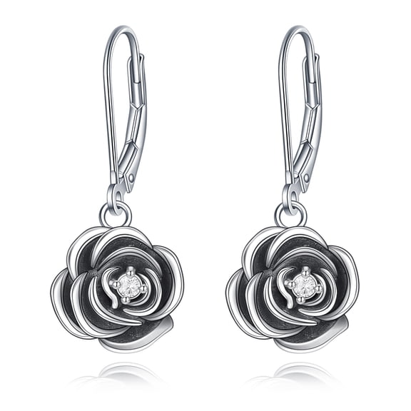 Rose Earrings S925 Sterling Silver Vintage Silver Rose Dangle Earrings Flower Leverback Dangling Earrings Jewelry Gift for Women