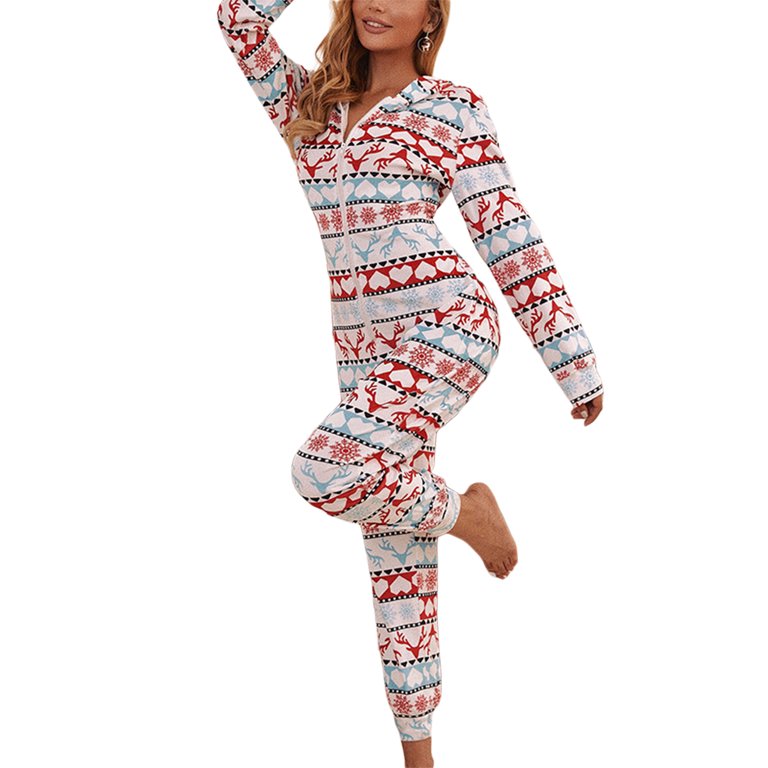 Sunisery Women's Christmas Pajamas Snowman Print Zip Up Hooded Jumpsuits  Xmas Sleepwear 