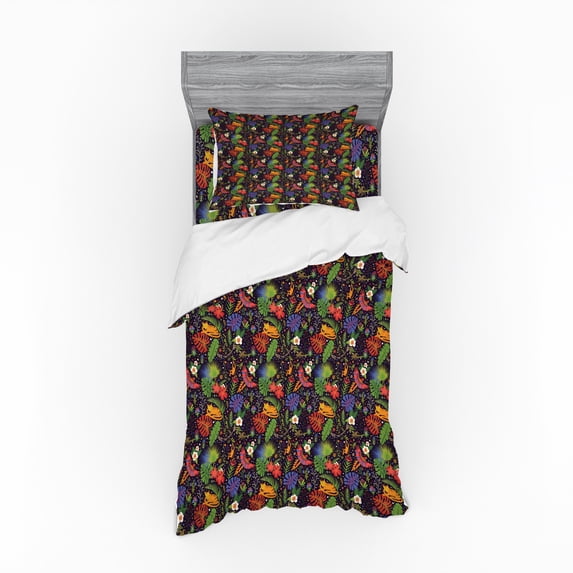 Tropical Duvet Cover Set, Animals Flowers of Hawaii on Indigo Backdrop Monkeys Parrots and Monstera Leaves, Bedding Set with Shams and Fitted Sheet, 3 Sizes, by Ambesonne