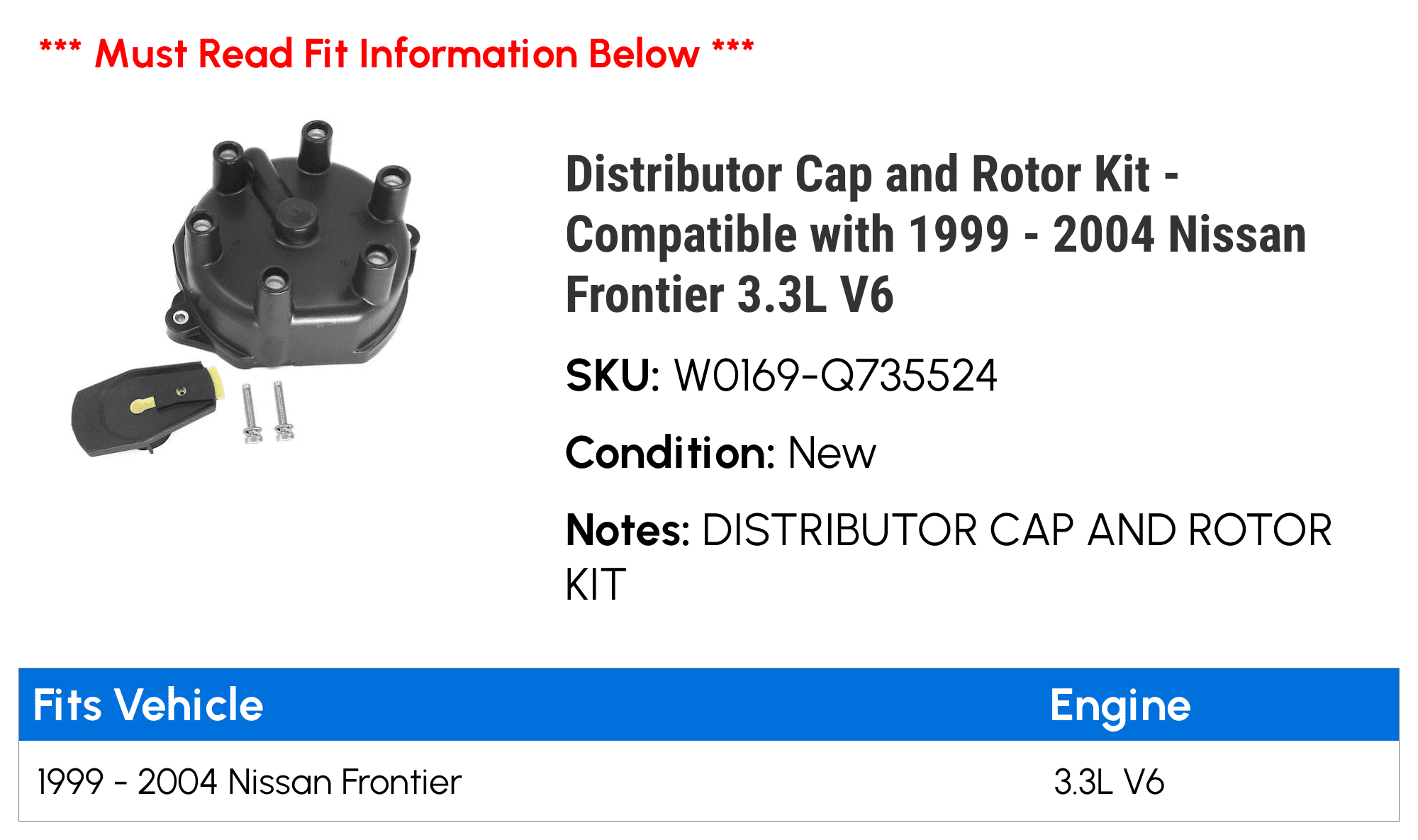 Distributor Cap and Rotor Kit - Compatible with 1999 - 2004 Nissan Frontier 3.3L V6 2000 2001 2002 2003