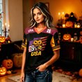 thumbnail image 5 of Domzest Women's USA Pumpkin Soccer Jersey Halloween Elements Raglan V Neck Shirts Color Block Short Sleeve Tee Soccer Viewing, Outdoor & Halloween Gatherings Black L, 5 of 5