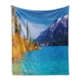 thumbnail image 1 of Aspen Tree Soft Flannel Fleece Blanket, Abraham Lake in a Flood Surrounded by Rocky Mountains Fir Pine Forest, Cozy Plush for Indoor and Outdoor Use, 70" x 90", Azure Blue Marigold, by Ambesonne, 1 of 6