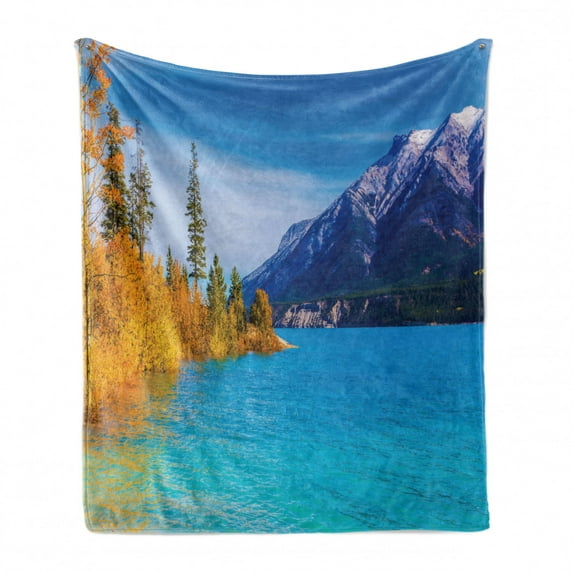 Aspen Tree Soft Flannel Fleece Blanket, Abraham Lake in a Flood Surrounded by Rocky Mountains Fir Pine Forest, Cozy Plush for Indoor and Outdoor Use, 60" x 80", Azure Blue Marigold, by Ambesonne