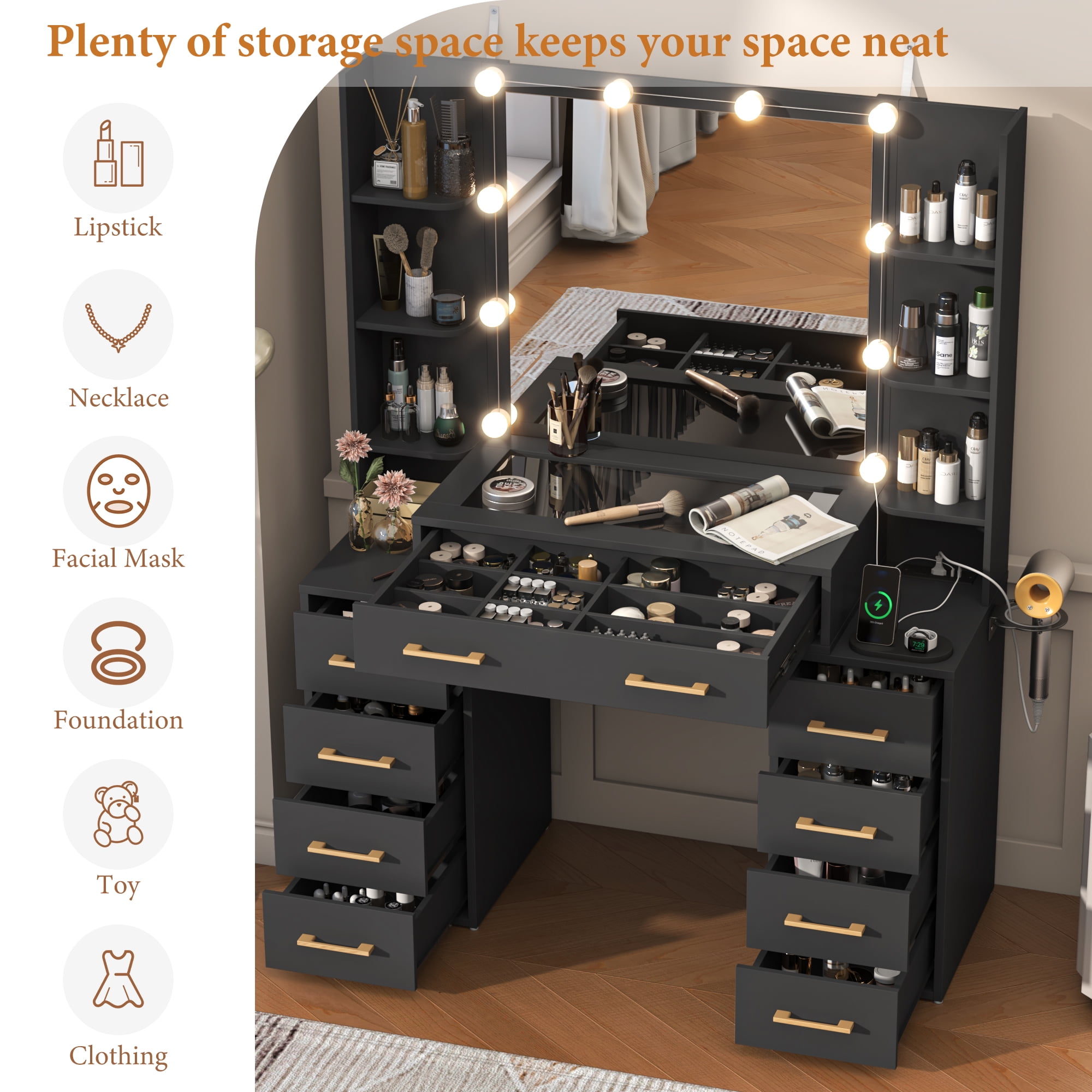 Black Vanity Desk with Mirror & LED Lights, Glass Top Vanity Desk with Charging Station & Compartment Storage Drawers, 55" Large Makeup Vanity Table with 9 Drawers & 6 Shelves