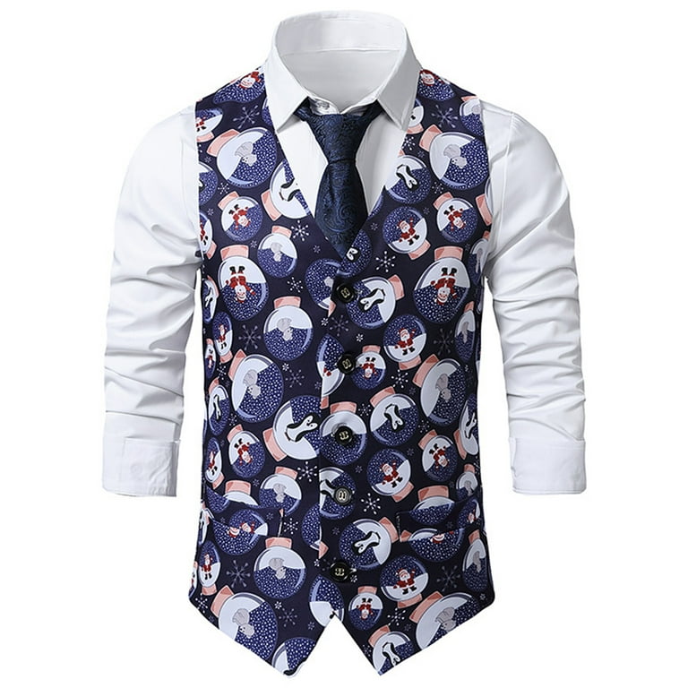 Avamo Men Christmas Printed Blazer Vest Suit Vest V Neck Holiday Santa Xmas Cute Ugly Slim Fit Novelty Dress Vest