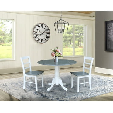 International Concepts 42" Dual Drop Leaf Dining Table with 2 Madrid Ladder Back Chairs in White/Heather Gray