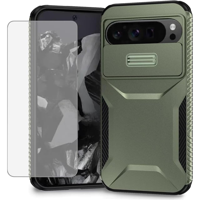 KOMI Case for Pixel 8A Case, Google 8A Case with Tempered Glass Screen Protector and Slide Camera Cover, Non-Slip Heavy Duty Shockproof Phone Cover for Google Pixel 8A Green
