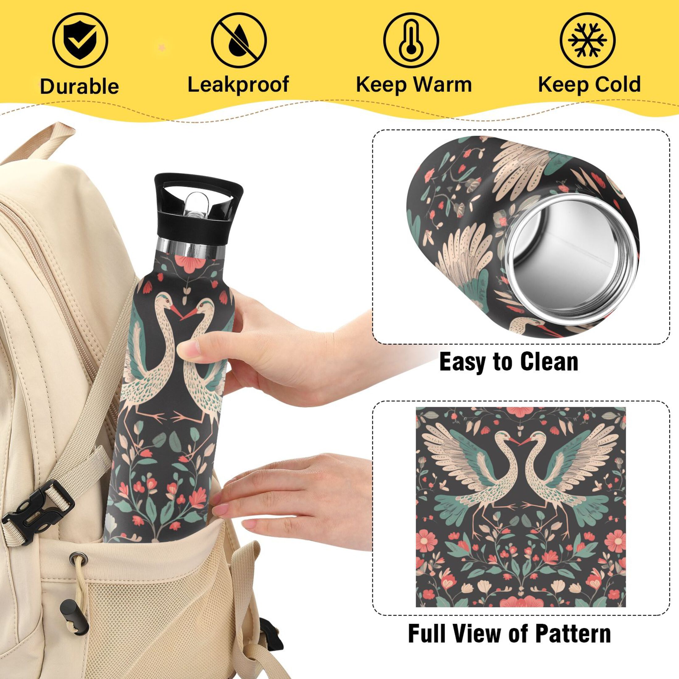 600ML Stainless Steel Insulated Cup Sports Water Bottle Portable Thermos Cup Water Glasses Insulated Tumblers Convenient and Durable Plant Couple Cranes