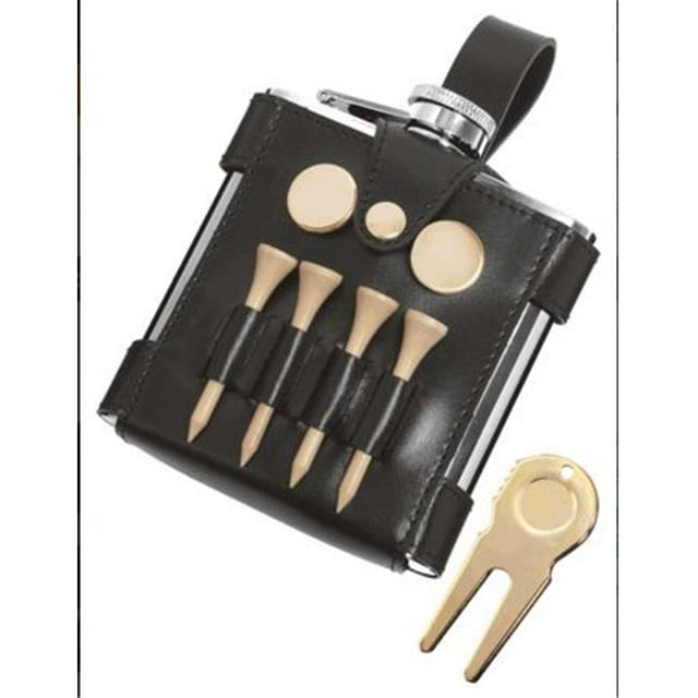 Flacon de 6 Oz avec Enveloppe en Cuir Noir et Outils de Golf