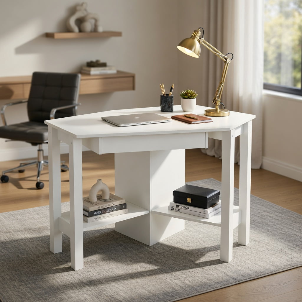 Yardi Yard Wooden Study Computer Corner Desk with Drawer-White, Computer Desk, Gaming Computer Desks for Study,Working,Writing