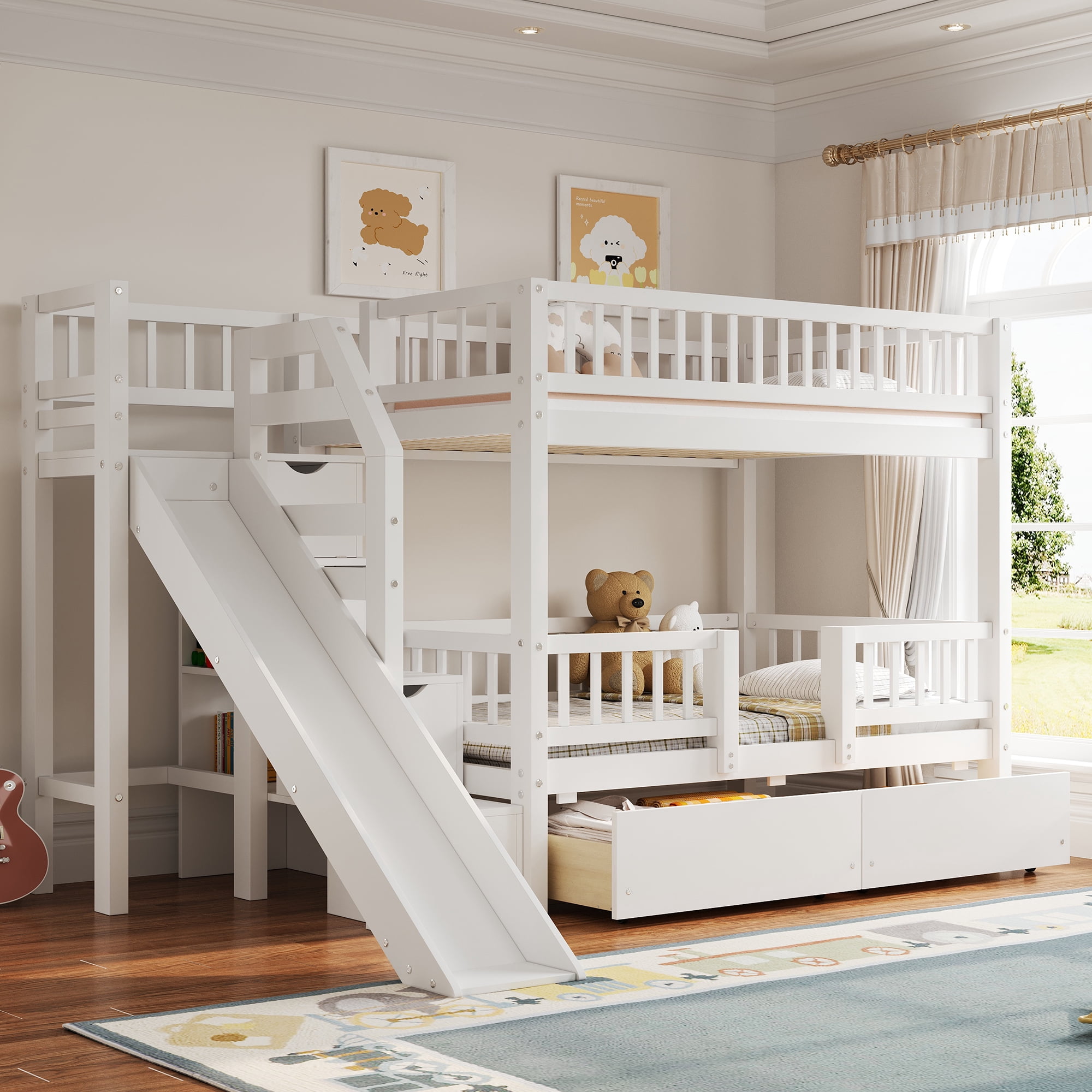 Euroco Twin over Twin Bunk Bed with Storage Staircase and Slide, White