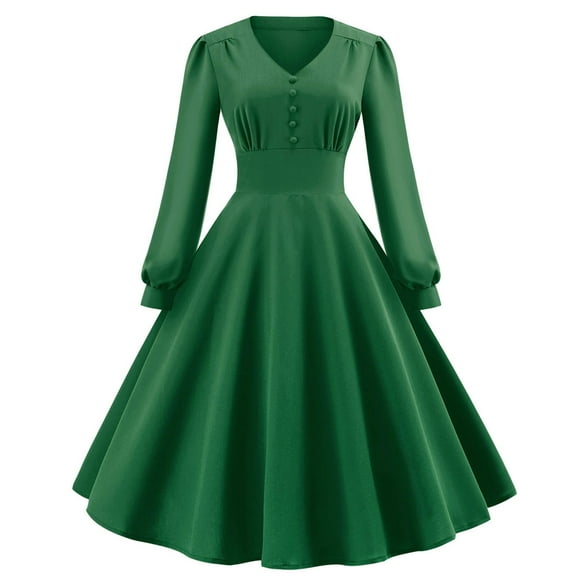 Lilgiuy Women's Solid Color Long Sleeve V-Neck Retro High Waist Makings Dress Green Fall Dresses for 2022 Spring Winter
