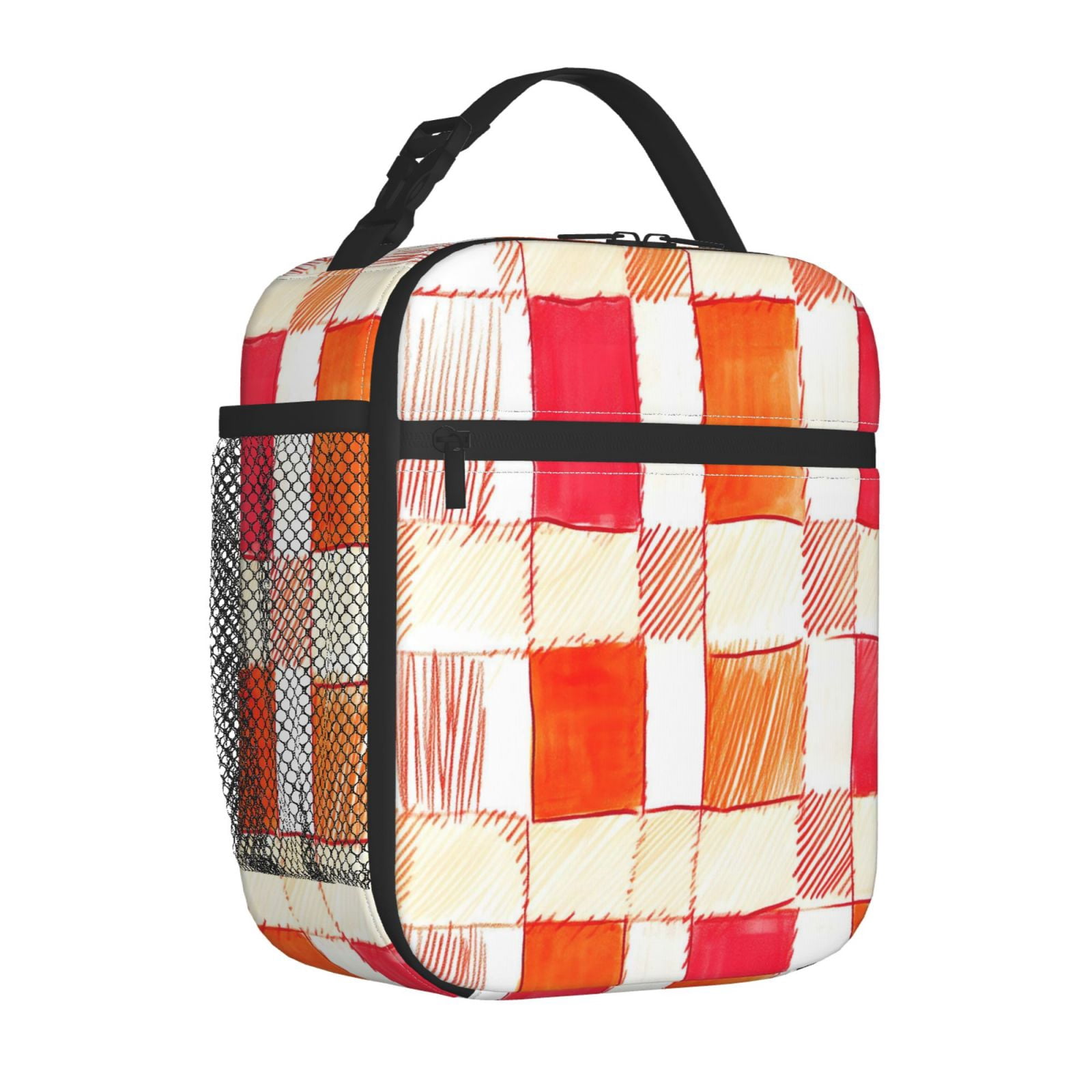 Lunch Bag For Women Men Insulated Portable Lunch Box Bento Box Office Picnic Travel Cooler Bag Orangered Houndstooth Checkered Hand-Drawn Sketch_4
