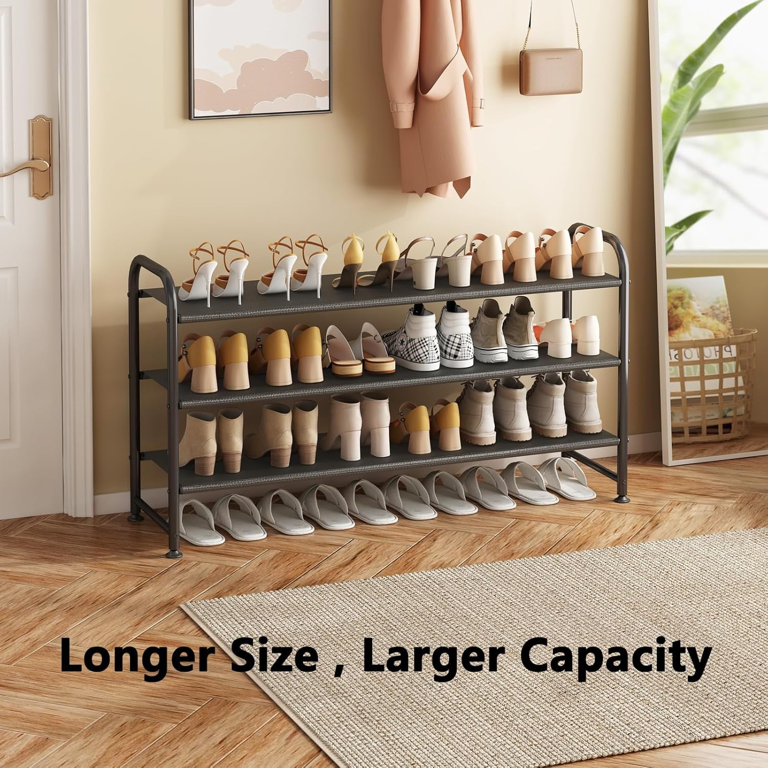 Seamika 3-Tier Shoe Rack Organizer, Metal Shoe Storage Wide Shelf with Non-woven Fabrics for Close Entryway,Black