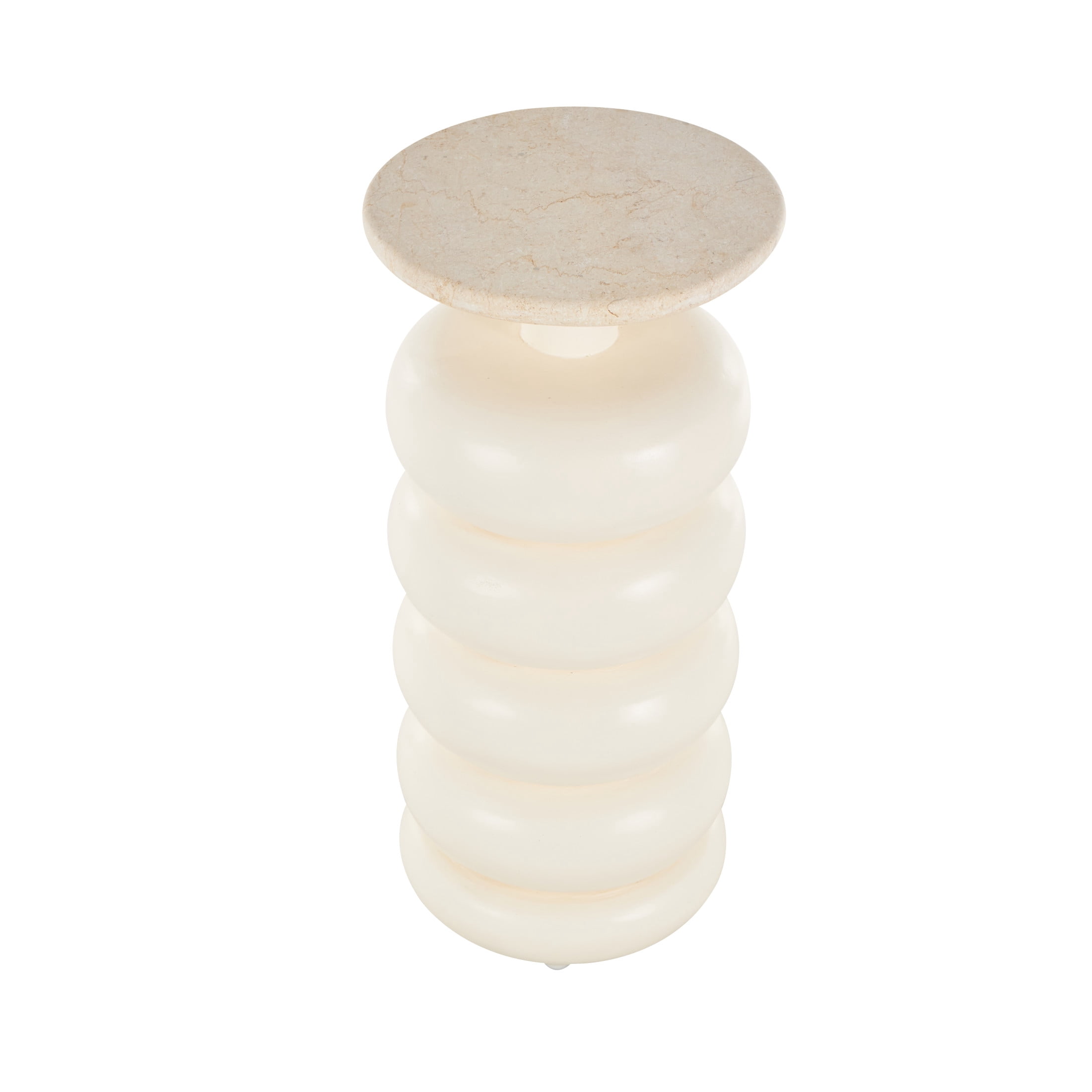 DecMode 10" x 22" Cream Teak Wood Handmade Carved Bubble Inspired Accent Table with Marble Tabletop, 1-Piece