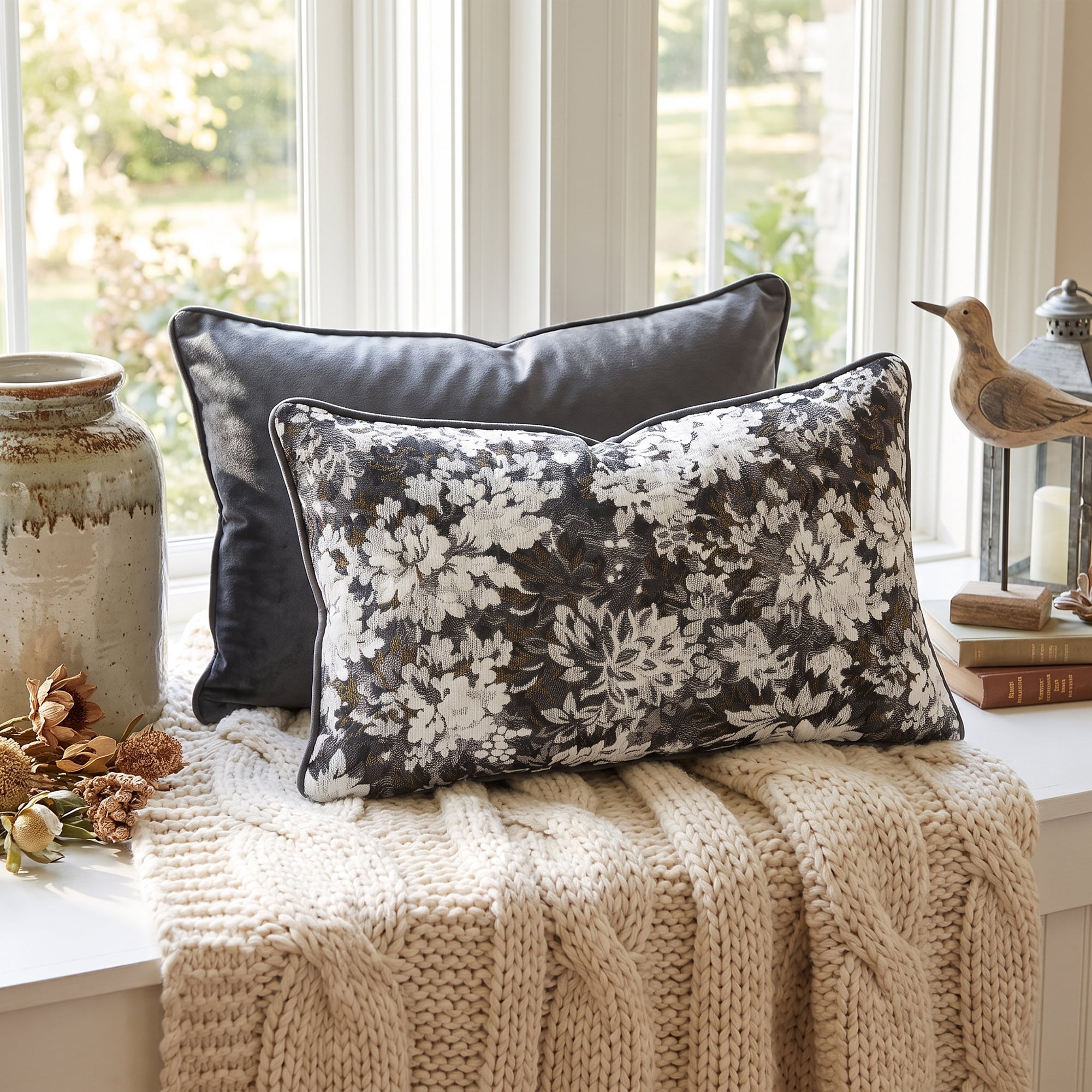 Unique Bargains Floral Throw Pillow Cover with Piped Edge Decor Cushion Case Black 20"x12"