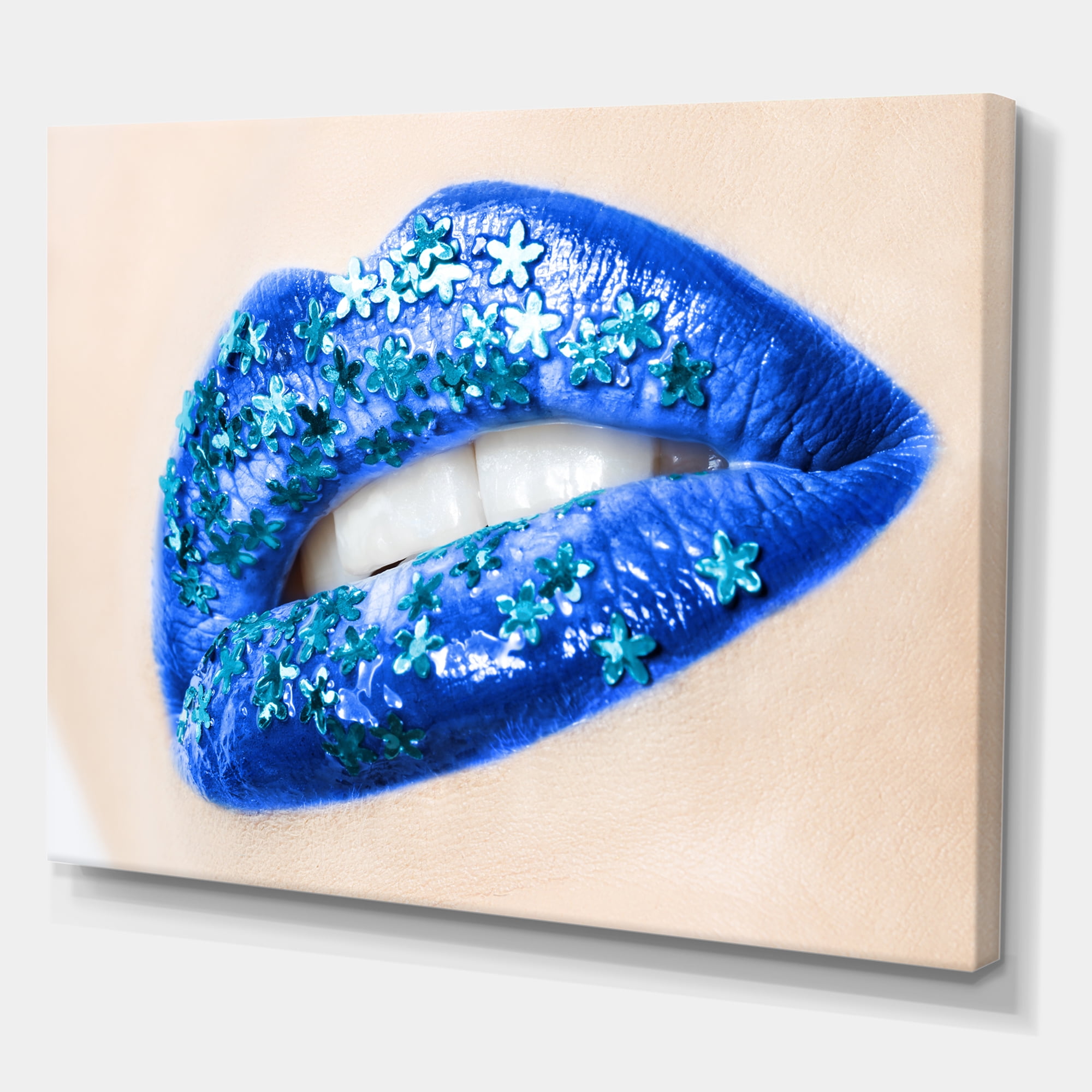Designart ' Beautiful Woman Lips Blue With Flowers ' Modern Canvas Wall Art Print