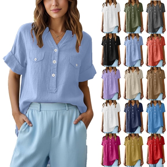 Sevevn Women's Casual Short Sleeve Button Down Blouse Soft Cotton Linen V-Neck Loose Fit Summer Top Light Blue S