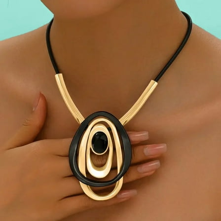 Oval Alloy & Resin Pendant Necklaces Black Waxed Cord Necklaces for Women Golden 19.17 inch(48.7cm)