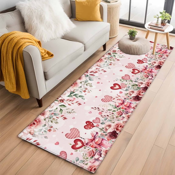Pink Valentine's Day Kitchen Runner Rug 2x6 Washable Runners for Hallway Non Slip Spring Floral Romance Love Heart Roses Large Area Rug Indoor Floor Carpet for Bathroom Laundry Entryway Bedroom