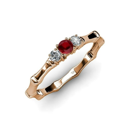 

Ruby with Side Diamond (SI2-I1 G-H) Three Stone Bamboo Ring 0.30 ct tw in 14K Rose Gold.size 5.5
