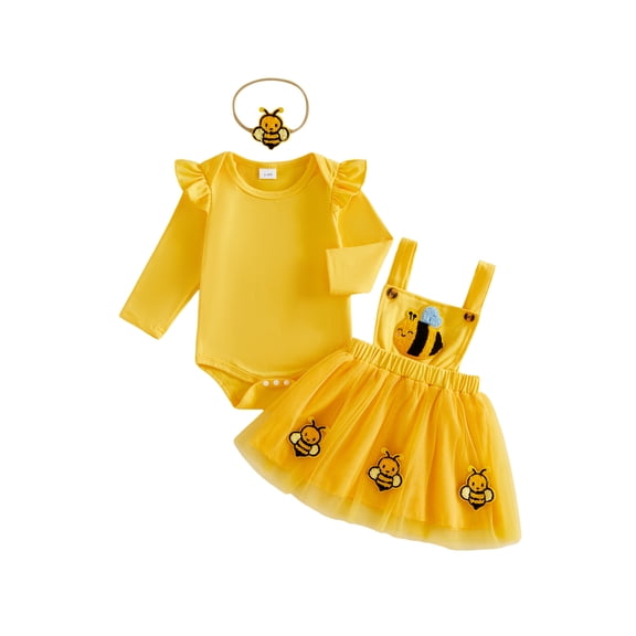 RUINIXCW Baby Girls Fall Outfit Romper and Bee Embroidery Suspender Skirt Headband