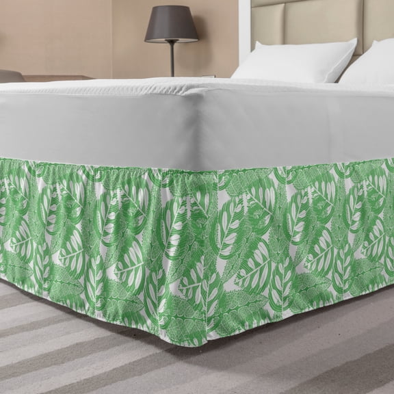 Leafy Bed Skirt, Leaf Designs Repetition Pattern with Grunge Foliage Illustration Print, Elastic Bedskirt Dust Ruffle Wrap Around for Bedding Decor, 4 Sizes, Sea Green and White, by Ambesonne
