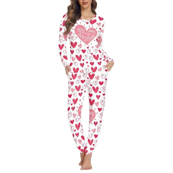 Renewold Winter Pajamas for Women 2pcs Personalized Relaxed Home Life Outfits Loungewear Size M Pink Hearts Crewneck Sleepwear Tracksuit, Valentine's Day