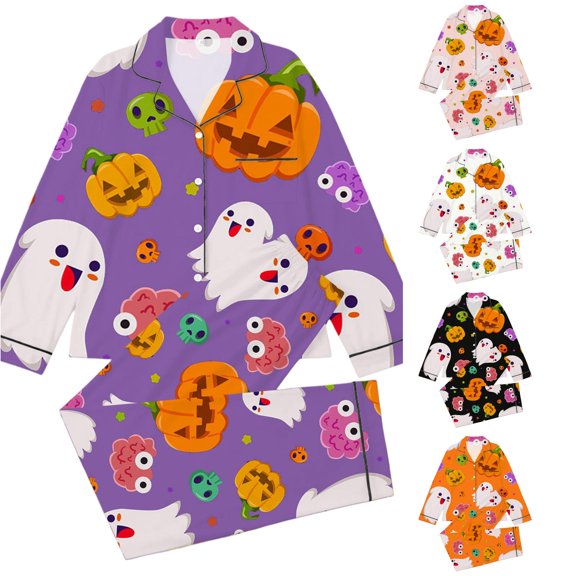 Afdoent Girls Pajamas Set Halloween Pumpkin Ghost Print Sleepwear Soft Long Sleeve Button-Down Sleepwear Nightwear 2Pcs Pajama Sets Loungewear Comfortable For Kids Holiday 9-10 Years