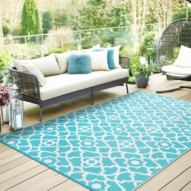 MeyJey Tapete para Exteriores de 6'x9', Reversible, Impermeable, de Gran Tamaño, para Interiores y Exteriores, para Vehículos Recreativos, Acampar, Patio, Verde Azulado
