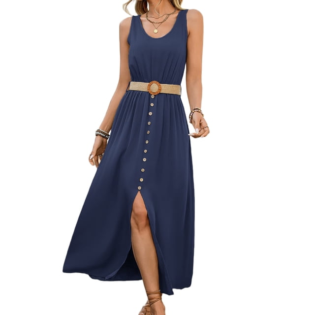 Robes d'Été pour Femmes Sans Manches à Boutons Taille Décontractée Ligne A Évasée Robe Midi Robe d'Été Bleu Marine G