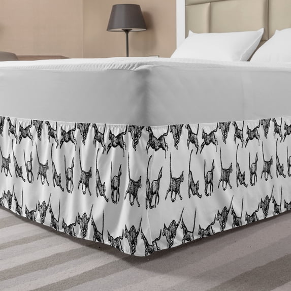 Charcoal Bed Skirt, Monochromatic Cat Lover Pattern with Playful Kittens Print, Elastic Bedskirt Dust Ruffle Wrap Around for Bedding Decor, 4 Sizes, Charcoal Grey and White, by Ambesonne