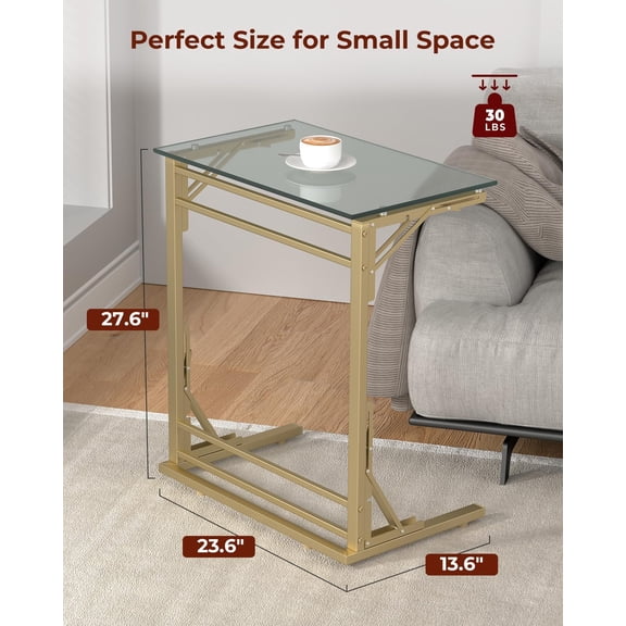 24" Folding TV Tray Table - Glass C Shaped End Table for Couch, Small Sofa-Side Laptop Desk with Gold Metal Frame for Living Room, Bedroom, Bedside