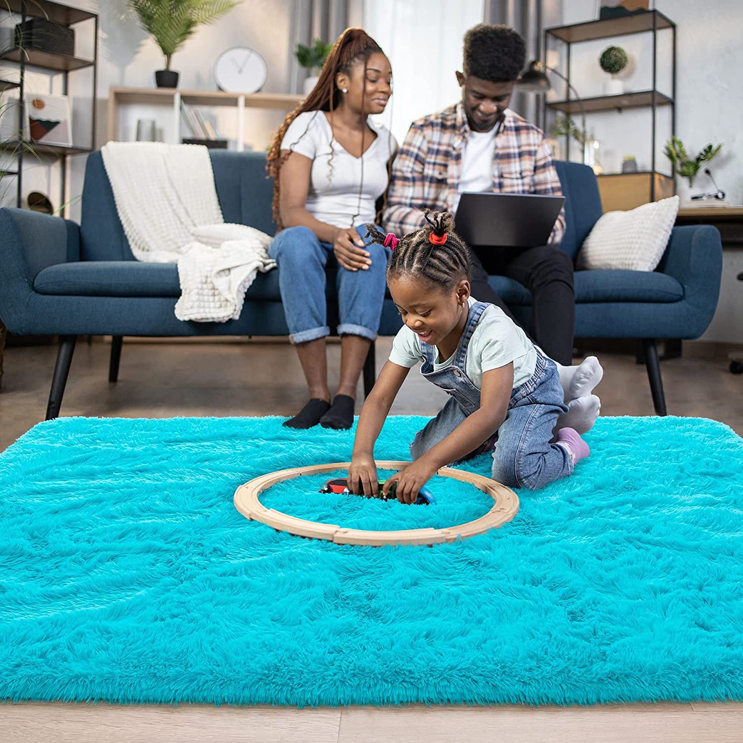 TWINNIS Luxury Fluffy Rugs Ultra Soft Shag Rug Carpet for Bedroom Living Room,Kids Room, Nursery,4x5.3 Feet,Blue