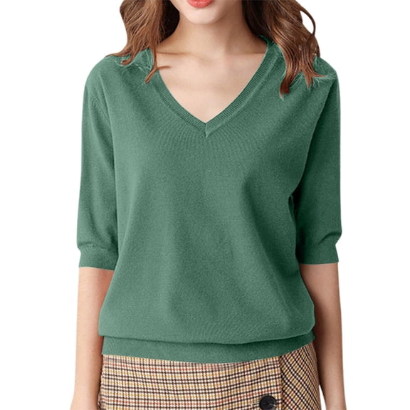 Staron Women's Casual V-Neck Knit Top Loose Fit T-Shirt Basic Solid Color Short Sleeve Relaxed Comfy Blouse, Green 3XL