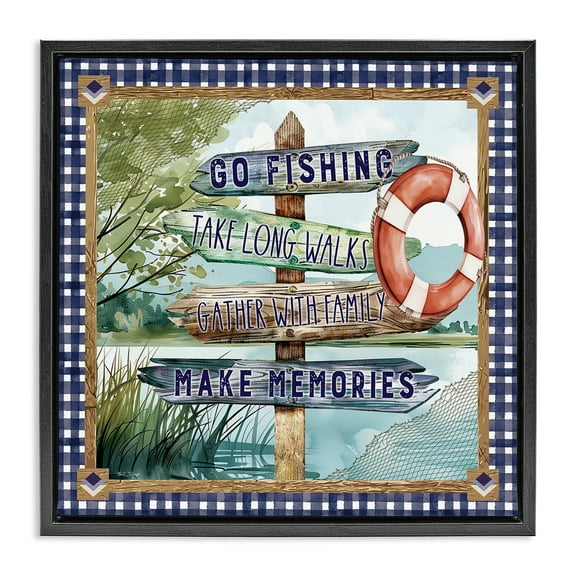 Stupell Industries Plaid Border Lake Sign Landscape & Nature Painting Black Floater Framed Canvas Art Print Wall Art, 18 x 18