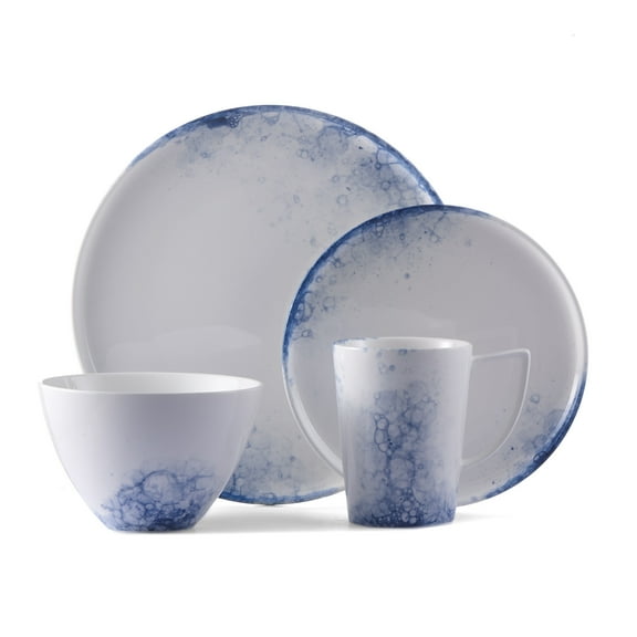 Lexa 16-Piece White and Blue Porcelain Dinnerware Set, Service for 4