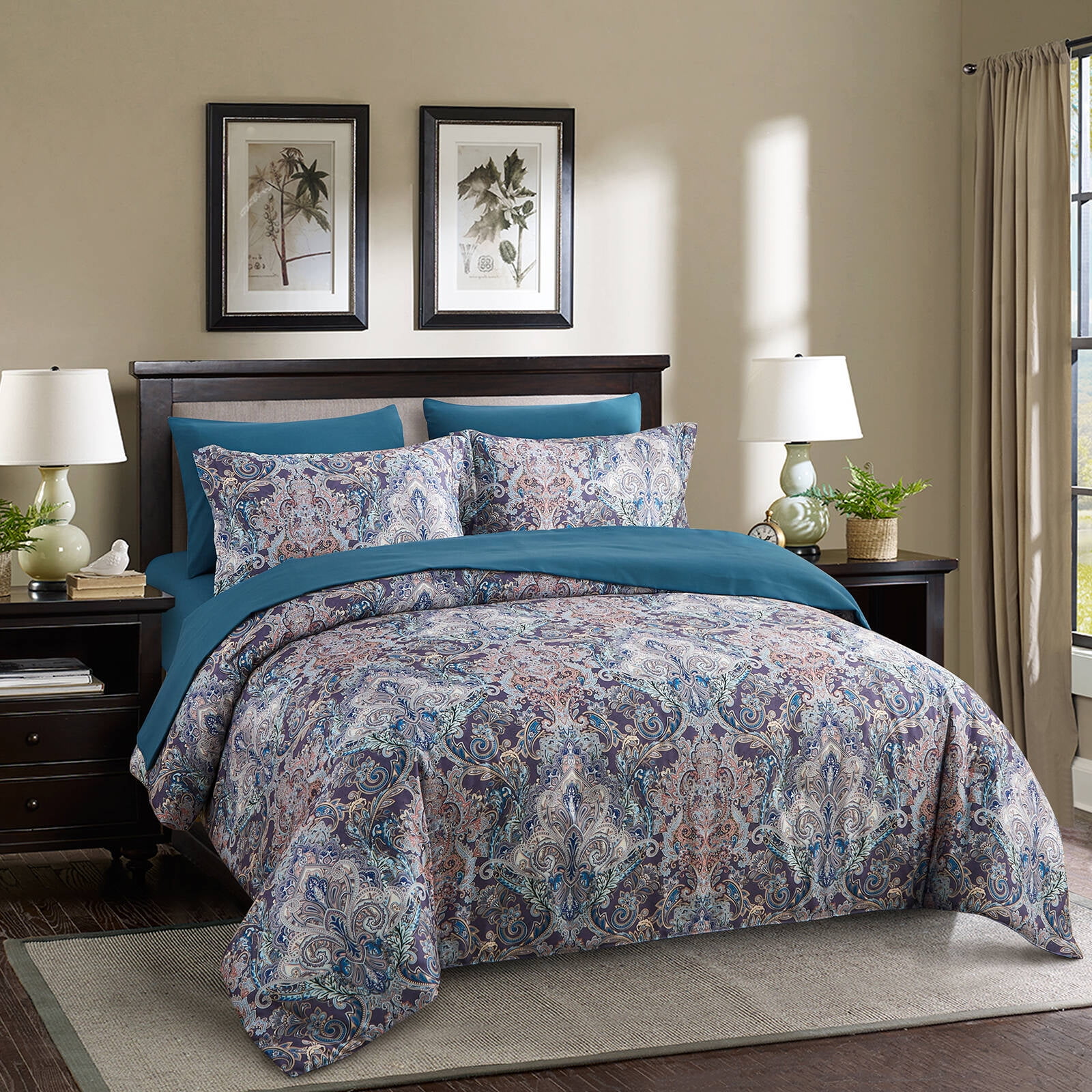 Wajade 7PCS Boho Paisley Print Luxury Comforter Bed in a Bag Set King Size, Vintage Floral Medallions Microfiber Bedding Set (1 Comforter,2 Pillow Shams,1 Flat Sheet,1 Fitted Sheet,2 Pillowcases)