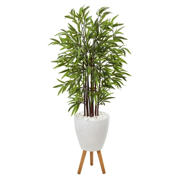 Nearly Natural 55in. Bamboo Artificial Tree in White Planter with Stand