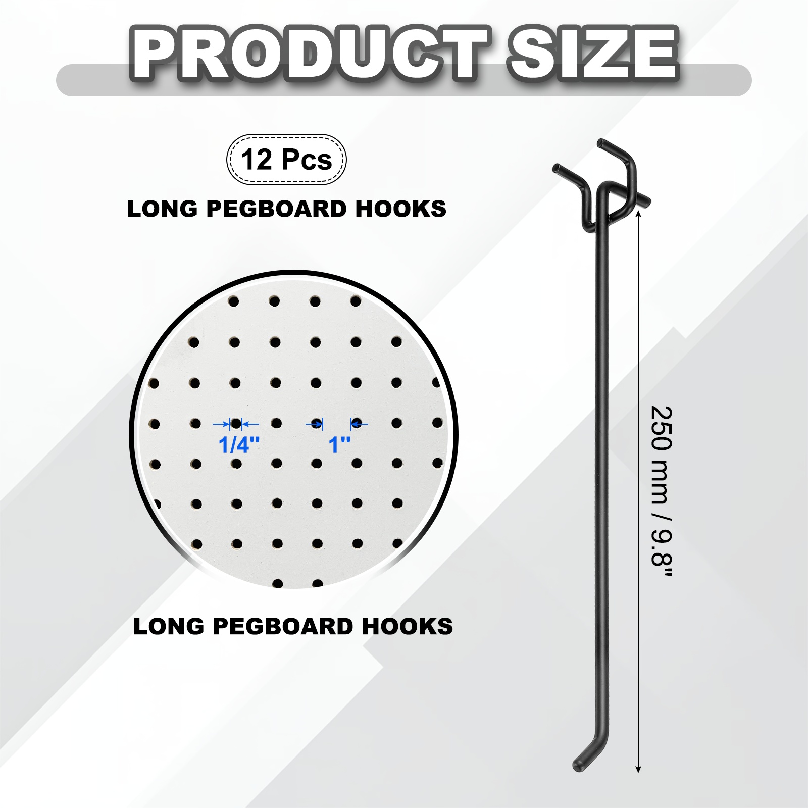 Uxcell 12 Pcs Pegboard Hooks,  9.8 Inch Peg Board Hooks Kit Fit 1/5" Pegboard Garage for Hanging Shelving Tool Storage Craft Organizing, Black (1mm Hole Dia)