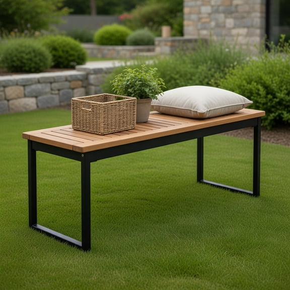 Yardi Yard Patio Dining Bench Backless with Slatted Seat and Metal Legs, Outdoor Bench for Pool Deck, Front Porch Bench