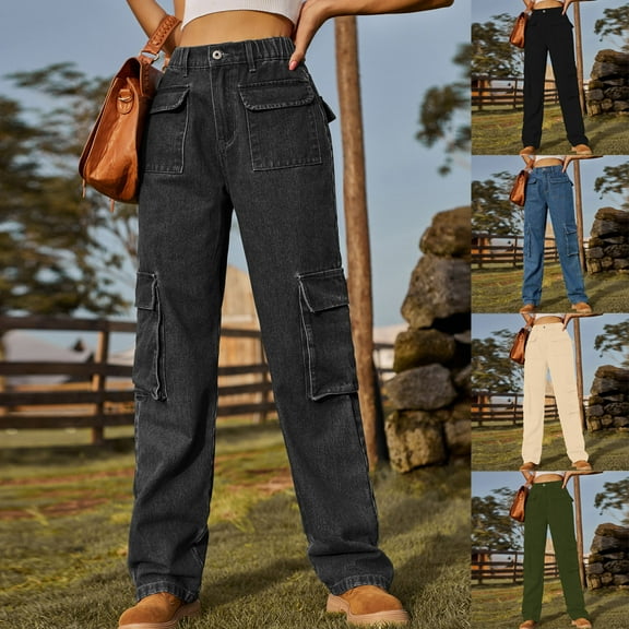 Hfnxid Cargo Baggy Jeans for Women Fashion Lightweight Trousers Breathable Comfy Wide Leg Pant Trendy Loose Fit Going Out Denim Pants Black L