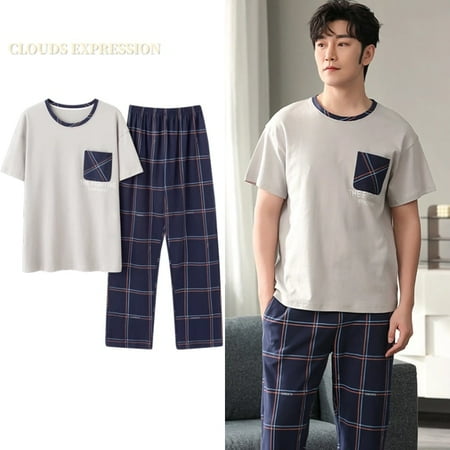 

QWZNDZGR Summer Knitted Cotton Mens Pyjamas Casual Short Tops Lattice Long Pants Sets V-neck Pajamas Fashion Men Sleepwear 5XL Homewear