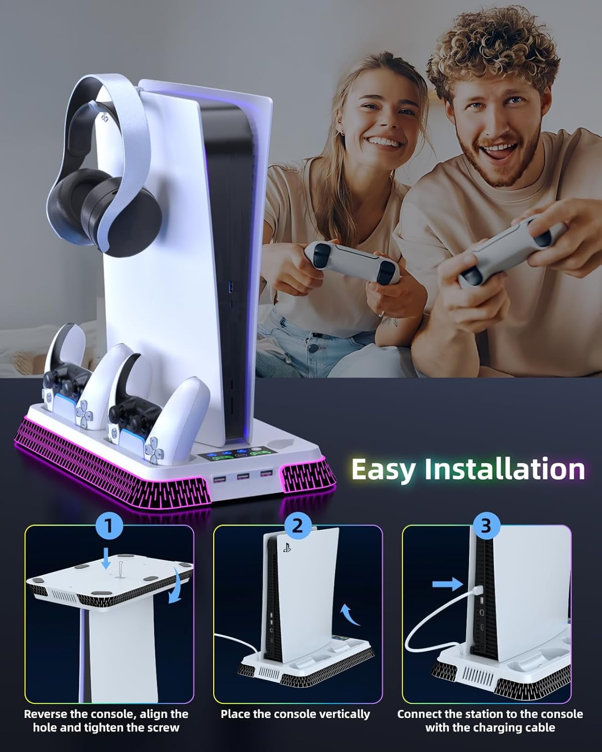 GAEKOL PS5/PS5 Pro/PS5 Slim Stand and Cooling Station, Controller Charging Station for PlayStation 5 Console, PS5 Stand Controller Charger for Disc & Digital with Cooling Fan