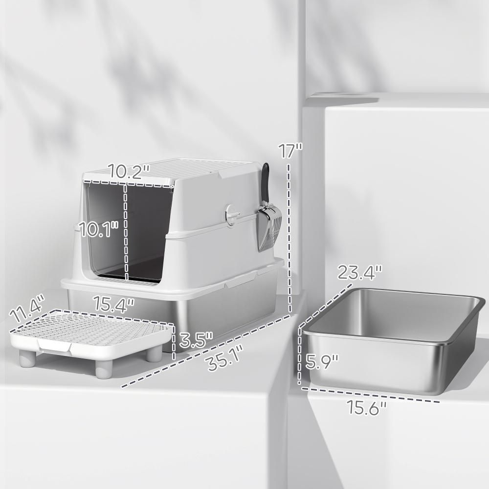 LUMAMIN Cat Litter Box, XL Stainless Steel Cat Box Enclosure with  Flip Cover and Deodorizer Pack Slot for Cats up to 15 lbs, Light Gray, 23.8"L x 15.9"W x 16.5"H