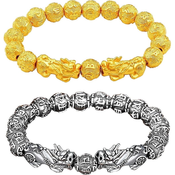 2 Pcs Feng Shui Gold Antique Silver Pixiu Bracelets Set for Women Men Mantra Beads Pi Xiu Bracelet for Attracting Wealth and Good Luck - -