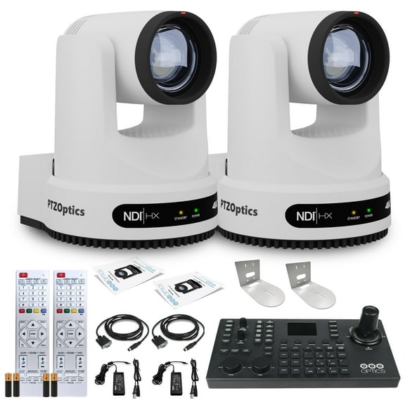 2 x PTZOptics Move 4K SDI/HDMI/USB/IP PTZ Camera with 12x Optical Zoom (White) (PT12X-4K-WH-G3)   PTZOptics SuperJoy PTZ Camera Joystick Controller   2 x Universal Wall Mount (White)